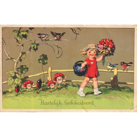 n°30593 - Fantaisie - Style Baumgarten - Fillette suivie par des coccinelles, et des champignons humanisés