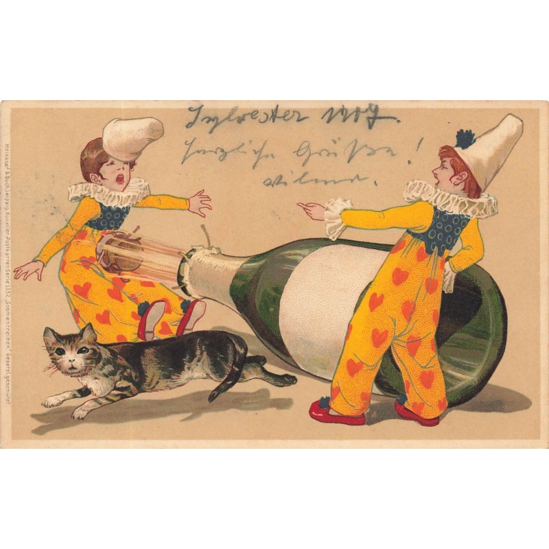 n°30596 - Meissner - Jeune clown recevant un bouchon de bouteille de champagne, chat