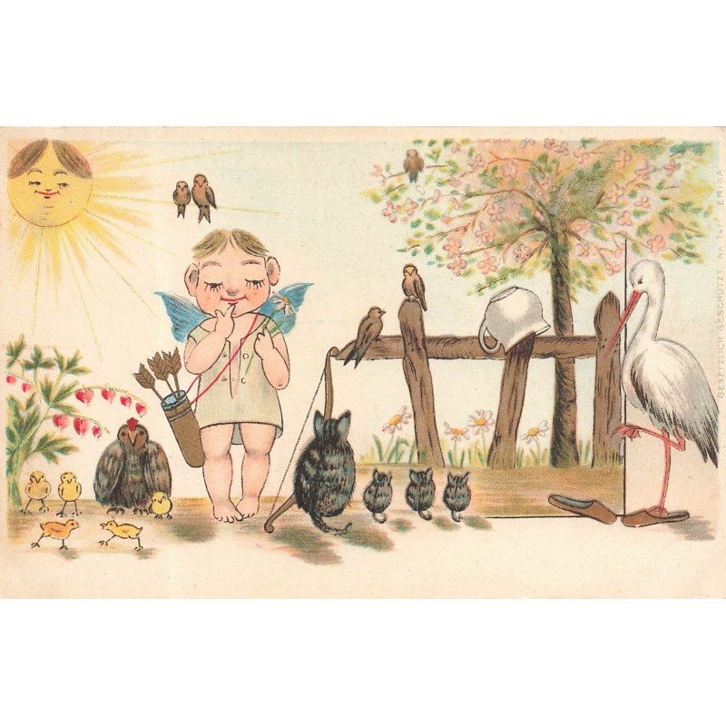 n°30597 - Fantaisie - Cupidon, chats, poules, et une cigogne - Pot de chambre
