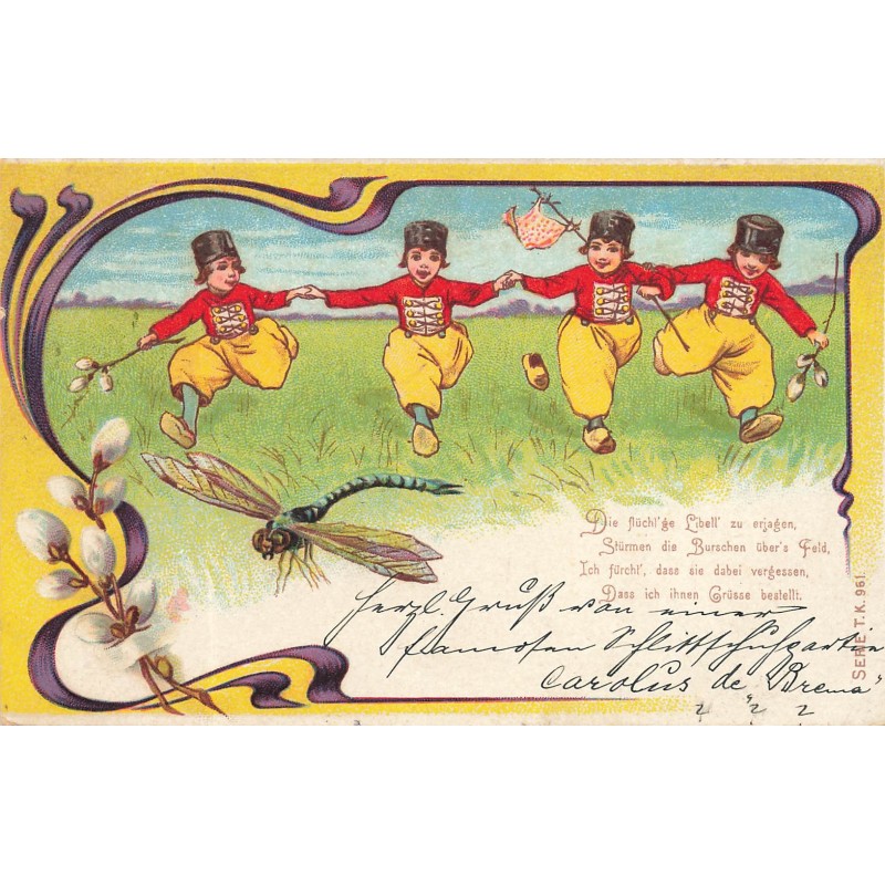 n°30598 - Fantaisie - Garçons dansant dans un pré chassant une libellule - Art Nouveau