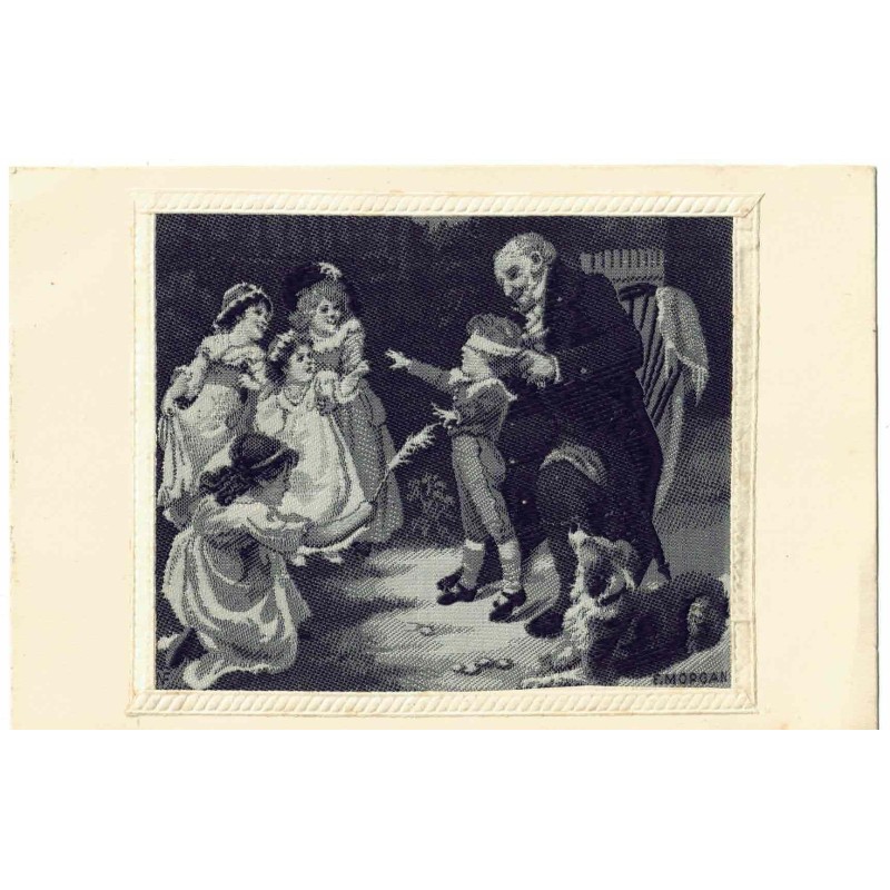 n°30601 - Carte Brodée Tissée Soie - E. Morgan - Enfants jouant à colin maillard