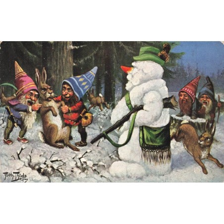 n°30609 - Arthur Thiele - Nains chassant un lièvre accompagné d'un bonhomme de neige humanisé