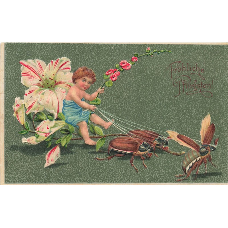 n°30614 - Carte Gaufrée - Fröhliche Pfingsten - Enfant assis sur une fleur tirée par des hannetons