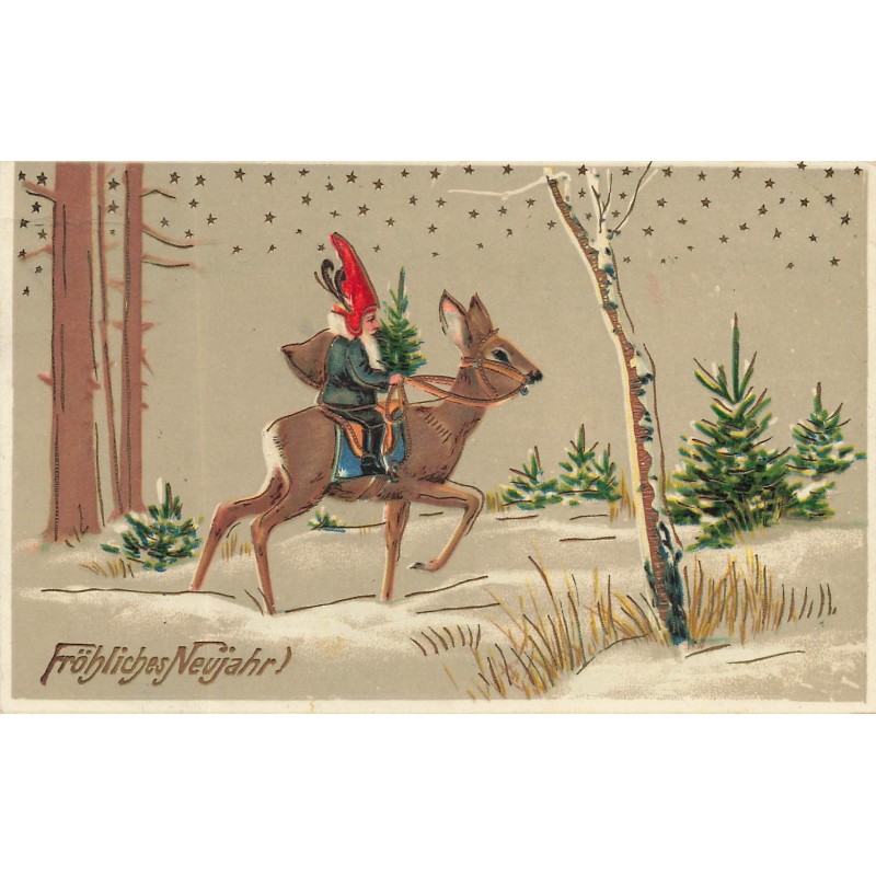 n°30615 - Carte Gaufrée - Nouvel An - Fröhliche Neujahr - Nain sur le dos d'une biche