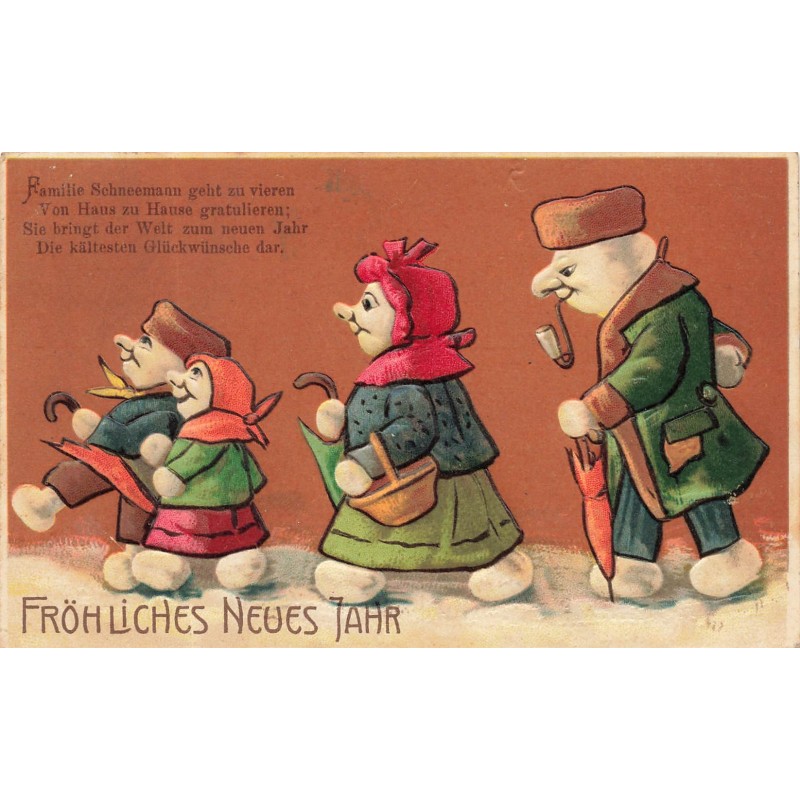 n°30617 - Carte Gaufrée - Fröhliches Neues Jahr - Famille de Bonhommes de neige humanisés
