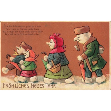 n°30617 - Carte Gaufrée - Fröhliches Neues Jahr - Famille de Bonhommes de neige humanisés