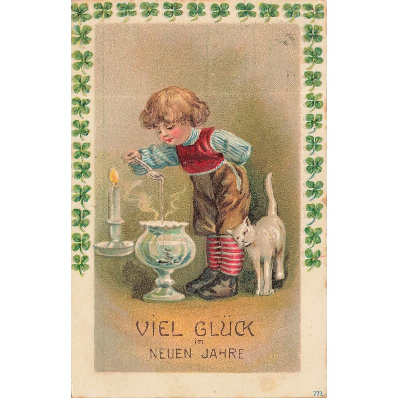 n°30618 - Carte Gaufrée - Viel Glück im Neuen Jahre - Chat près d'un enfant goûtant une soupe