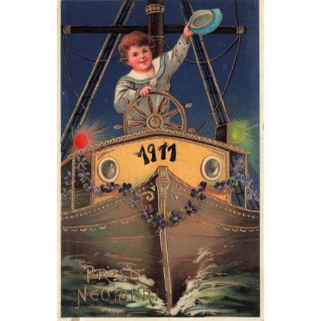 n°30623 - Carte Gaufrée - Nouvel An - Prosit Neujahr 1911 - Garçon à la barre d'un bateau