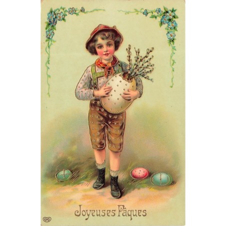 n°30626 - Carte Gaufrée - Joyeuses Pâques - Garçon portant un oeuf