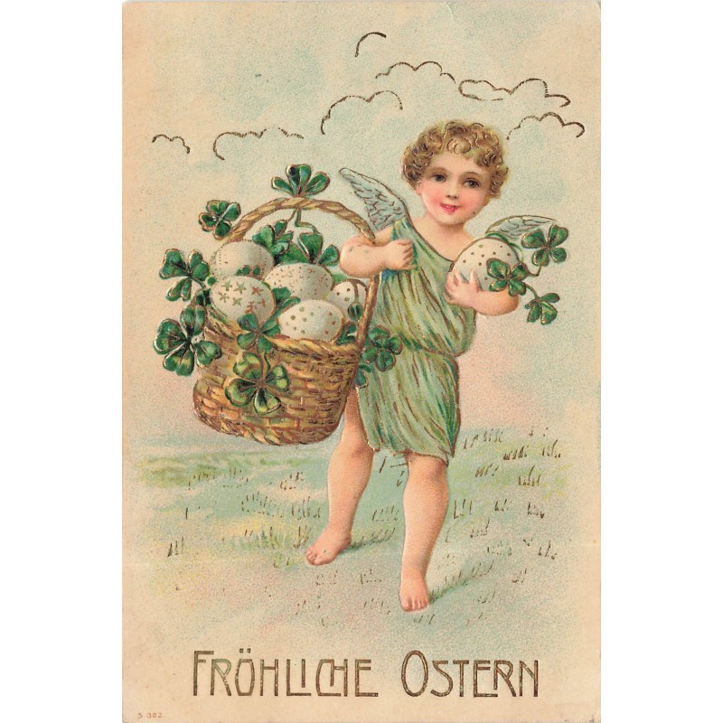 n°30628 - Carte Gaufrée - Pâques - Fröhliche Ostern - Ange portant un panier rempli d'oeufs