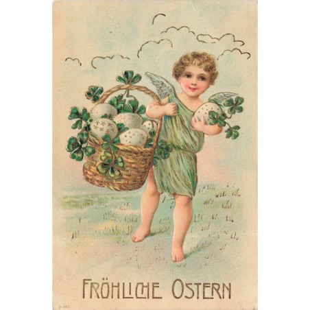 n°30628 - Carte Gaufrée - Pâques - Fröhliche Ostern - Ange portant un panier rempli d'oeufs