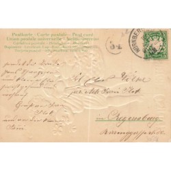 n°30628 - Carte Gaufrée - Pâques - Fröhliche Ostern - Ange portant un panier rempli d'oeufs