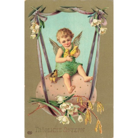 n°30629 - Pâques - Fröhliche Ostern - Ange assis sur un oeuf portant des poussins
