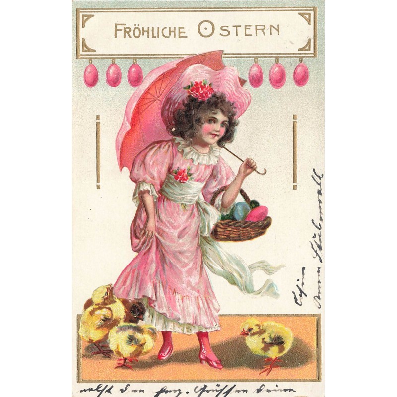 n°30630 - Carte Gaufrée - Pâques - Fröhliche Ostern - Jeune fille au milieu de poussins