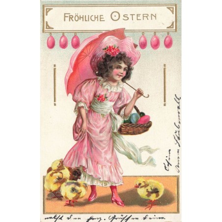 n°30630 - Carte Gaufrée - Pâques - Fröhliche Ostern - Jeune fille au milieu de poussins