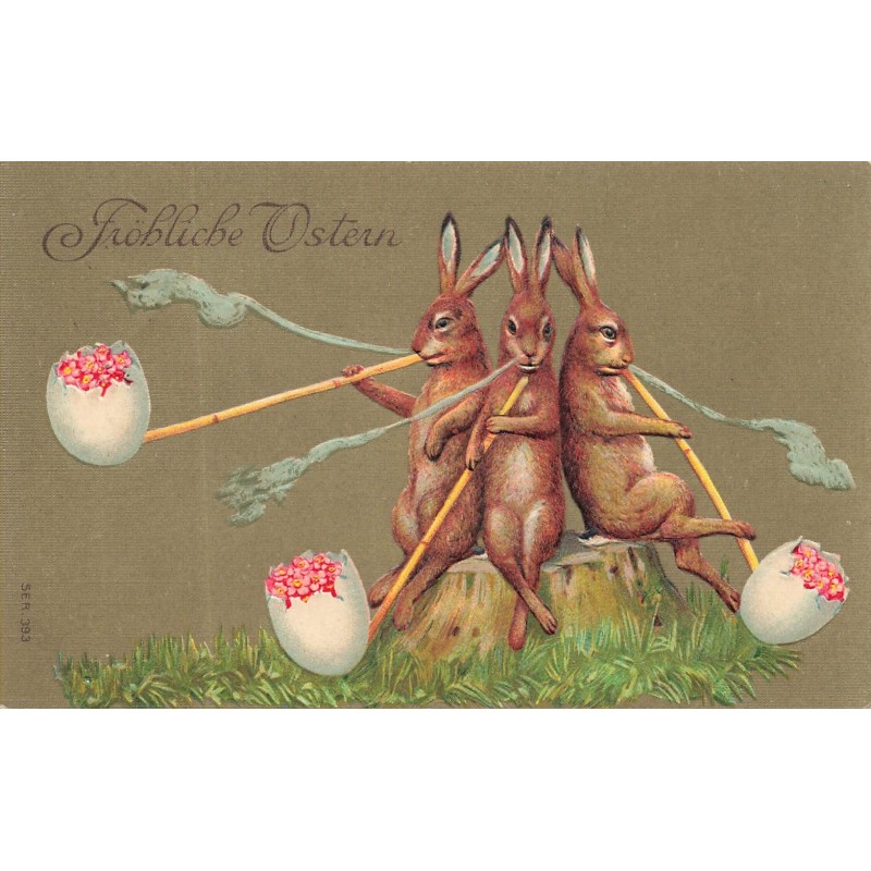 n°30631 - Carte Gaufrée - SER 393 - Fröhliche Ostern -Lièvres humanisés fumant des pipes