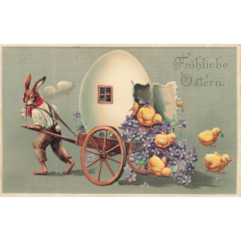 n°30632 - Carte Gaufrée - Fröhliche Ostern - Lièvre humanisé tirant un oeuf d'où sortent des poussins