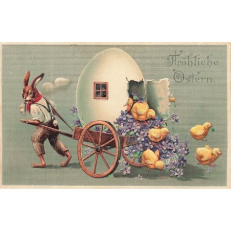 n°30632 - Carte Gaufrée - Fröhliche Ostern - Lièvre humanisé tirant un oeuf d'où sortent des poussins