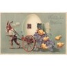 n°30632 - Carte Gaufrée - Fröhliche Ostern - Lièvre humanisé tirant un oeuf d'où sortent des poussins