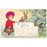 n°30634 - Carte Gaufrée - Fröhliche Ostern - Fillette portant un panier rempli d'oeufs près de lièvres