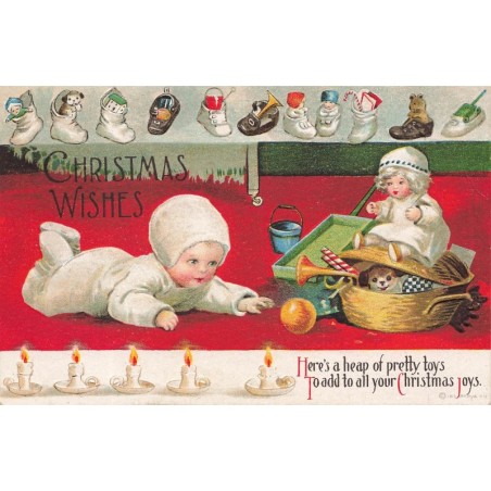n°30635 - Carte Gaufrée - Style Clapsaddle - Christmas Wishes - Bébé près de ses jouets - Poupée