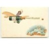 n°13892 - Carte Gaufrée - Prosit Neujahr - Fillette à califourchon sur une bouteille de champagne en avion