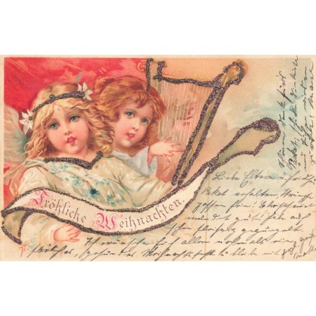 n°30638 - Noël - Fröhliche Weihnachten - Deux anges, l'une chantant, l'autre jouant de la lyre