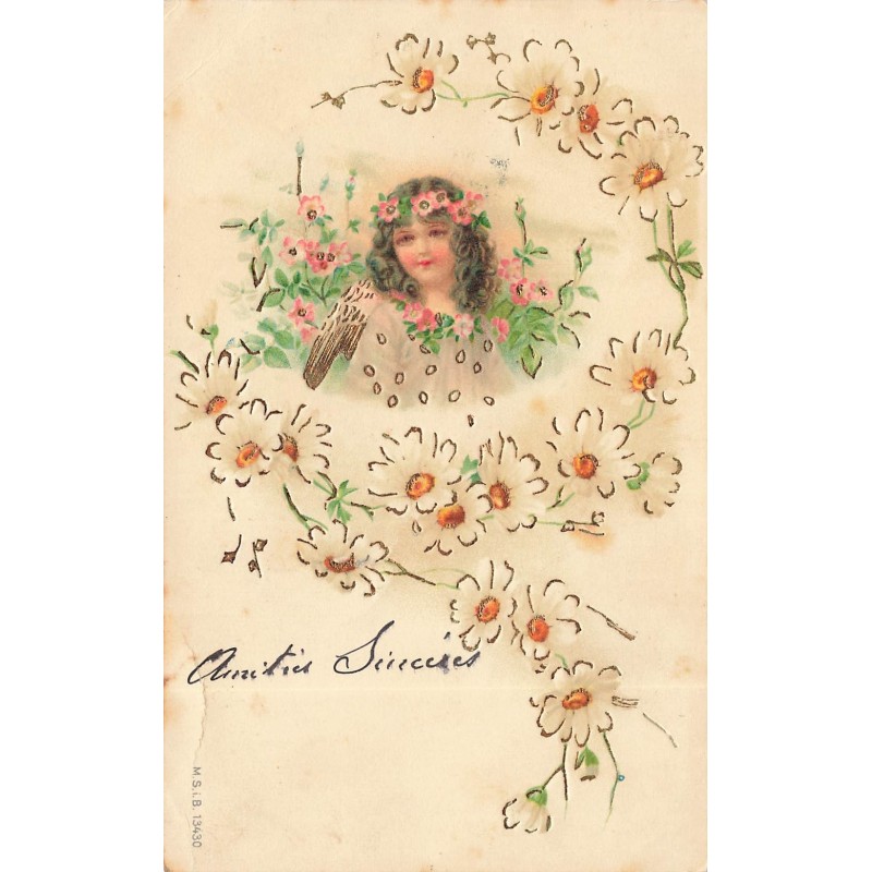 n°30639 - Carte Gaufrée - MSIB 13430 - Portrait d'une jeune fille entourée de marguerites