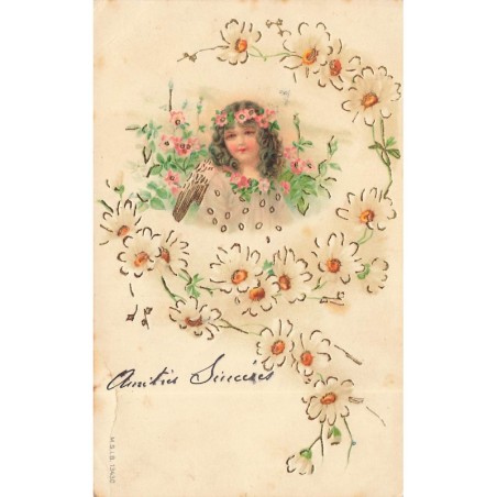 n°30639 - Carte Gaufrée - MSIB 13430 - Portrait d'une jeune fille entourée de marguerites