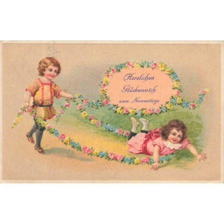 n°30641 - Carte Gaufrée - Anniversaire - Deux enfants jouant avec une guirlande de fleurs