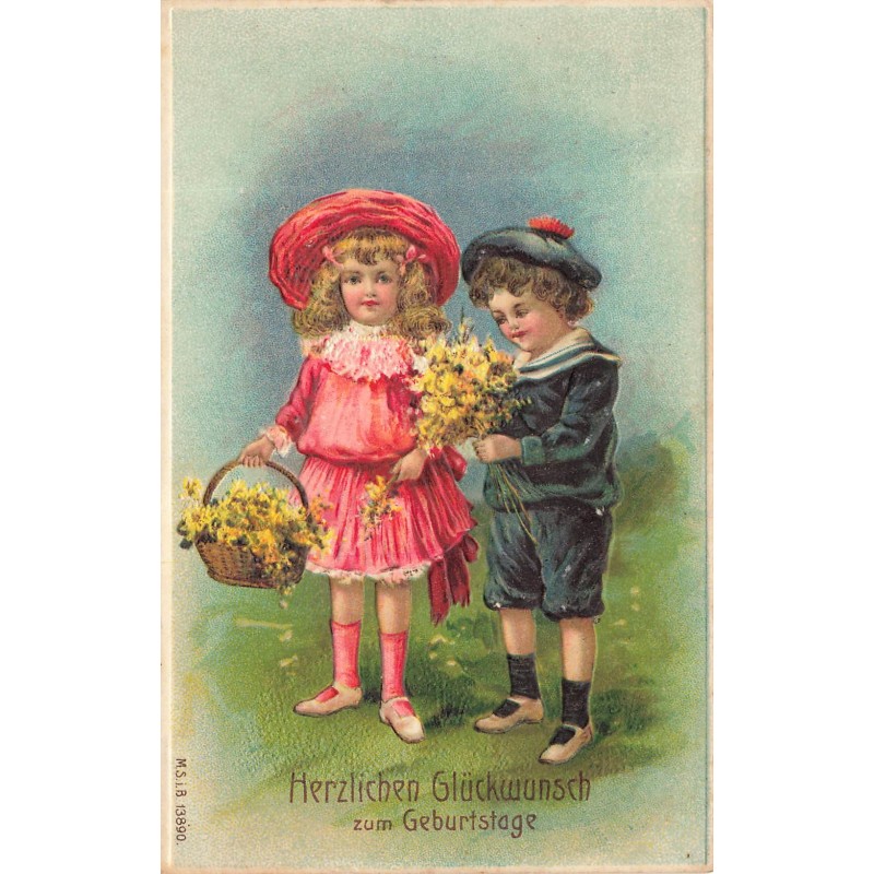 n°30642 - Carte Gaufrée - MSIB 13890 - Anniversaire - Deux enfants faisant un bouquet de fleurs