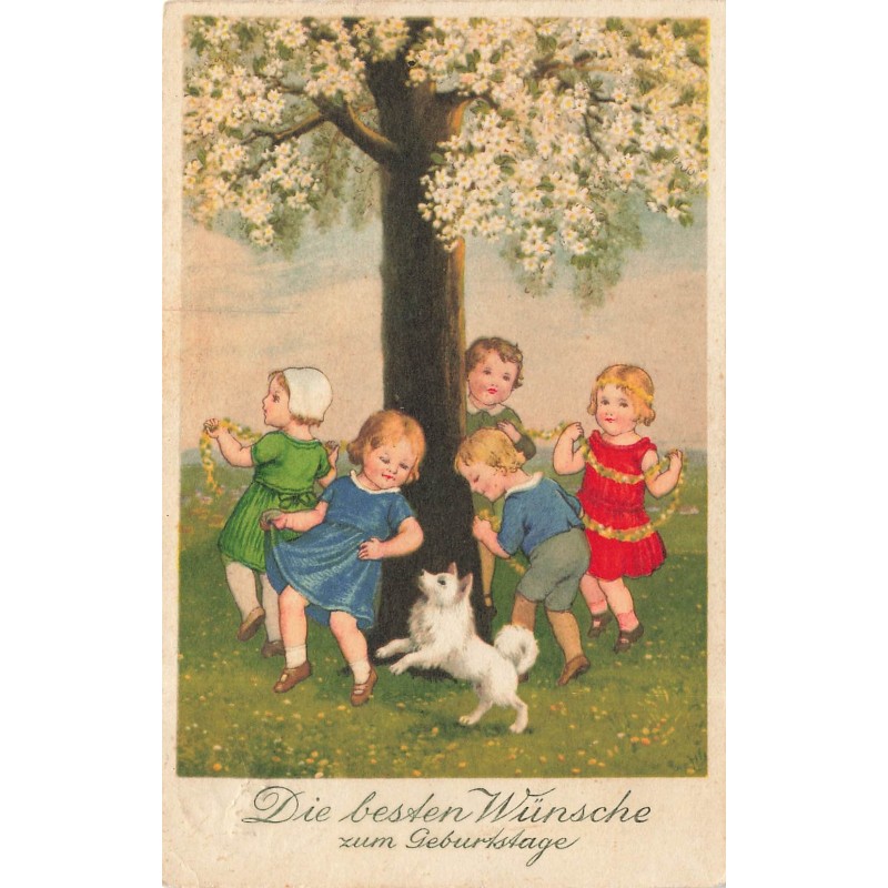 n°30643 - Anniversaire - Style Flatscher -  Des enfants et un chien faisant une ronde autour d'un arbre fleuri