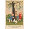 n°30643 - Anniversaire - Style Flatscher -  Des enfants et un chien faisant une ronde autour d'un arbre fleuri