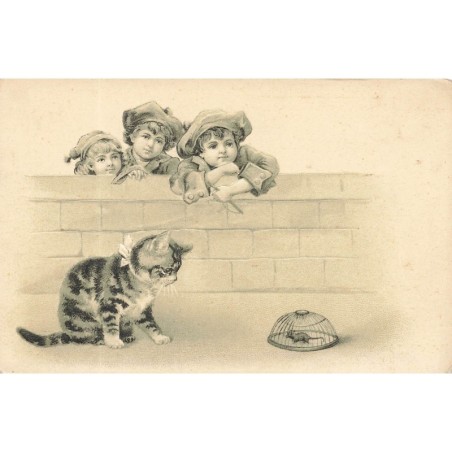 n°30645 - Carte Gaufrée - Chat regardant une souris sous une petite cage sous le regard d'enfants