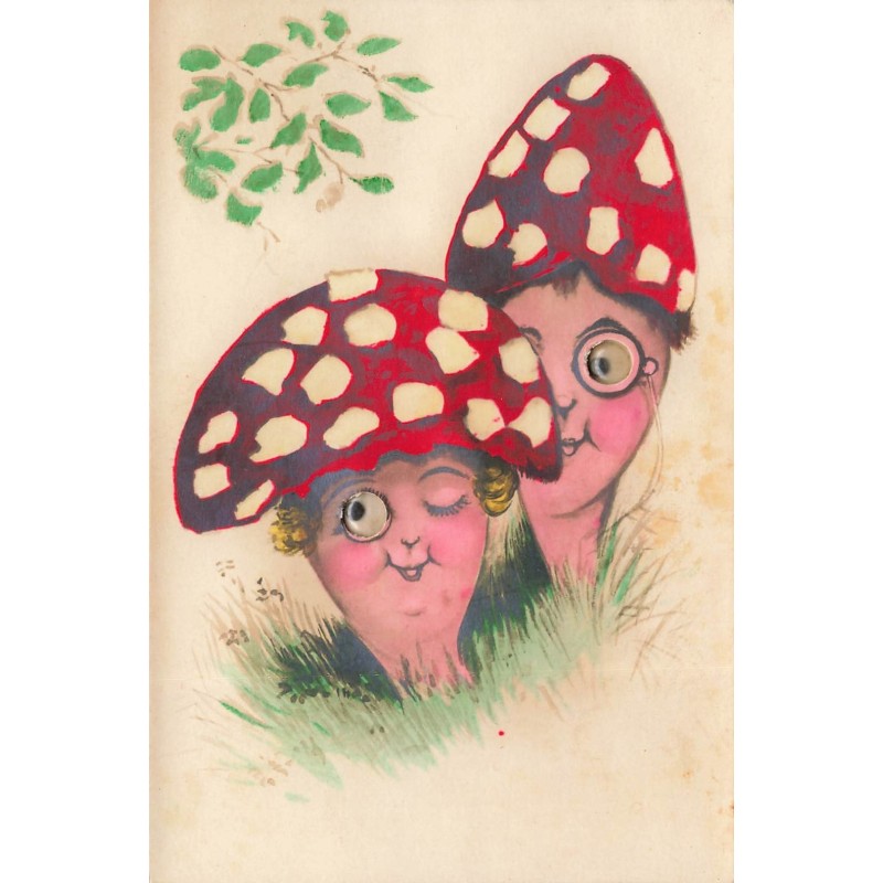 n°30646 - Carte à système - Fantaisie - Champignons humanisés (yeux mobiles)