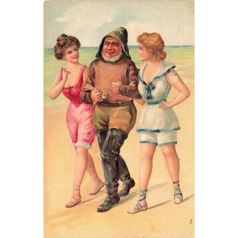 n°30647 - Carte Gaufrée - Deux baigneuses marchant avec un pêcheur