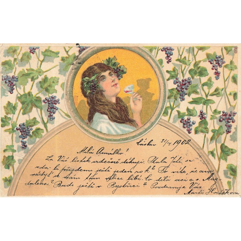 n°30648 - Art Nouveau - Dans un médaillon, jeune femme buvant, entourée de grappes de raisin - Vin