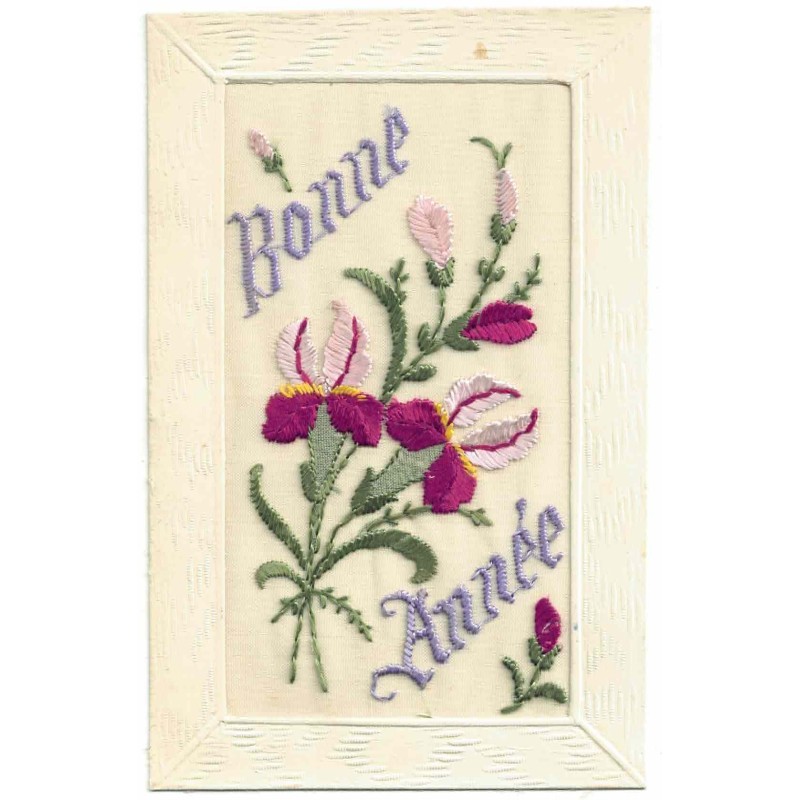 n°30652 -  Carte Brodée - Bonne Année - Motif Floral Iris