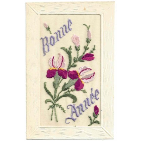 n°30652 -  Carte Brodée - Bonne Année - Motif Floral Iris