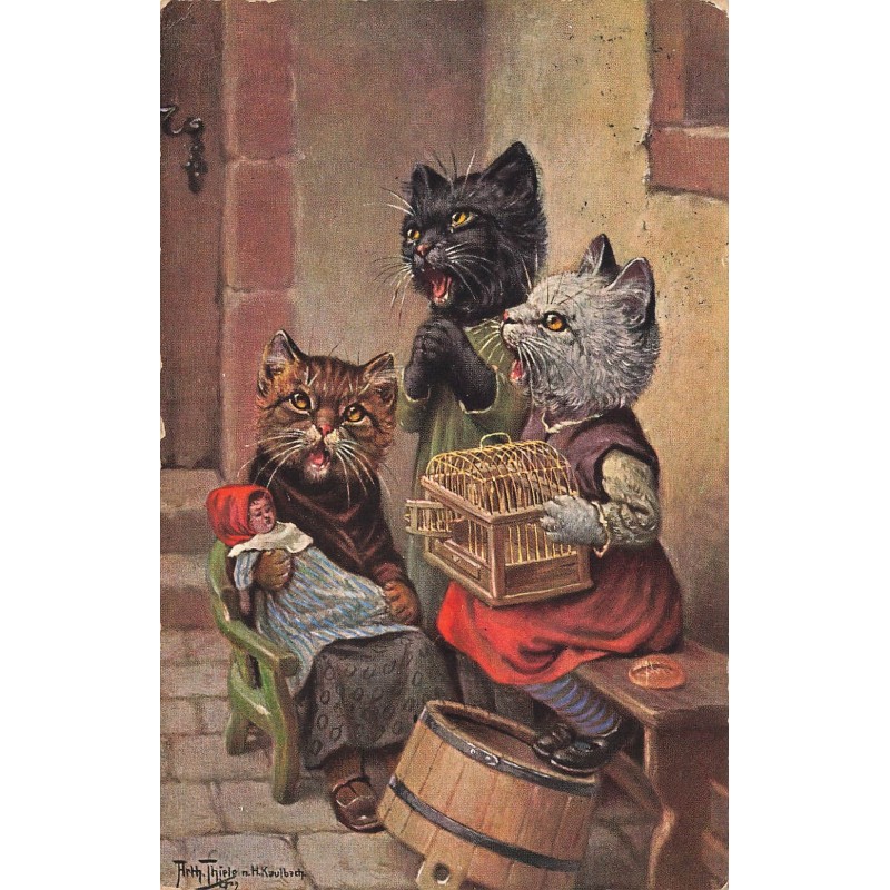 n°30655 - Arth. Thiele / H. Kaulbach - Chats Humanisés avec Poupée et Cage d'Oiseau