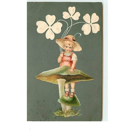 n°13896 - Carte Gaufrée - Fillettte avec des trèfles à 4 feuilles sur un champignon