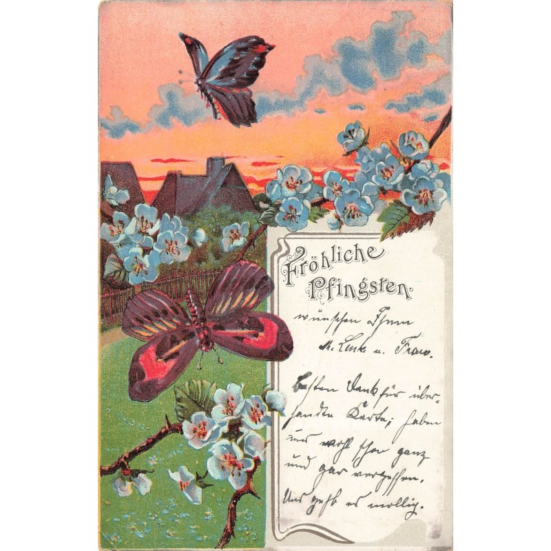 n°30662 -  Fröhliche Pfingsten - Carte illustrée de Pentecôte avec Papillons et Fleurs (1905)