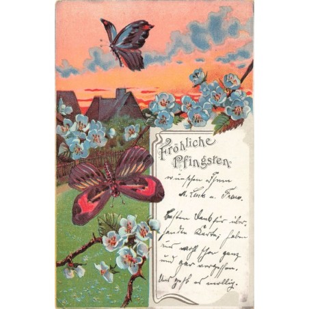 n°30662 -  Fröhliche Pfingsten - Carte illustrée de Pentecôte avec Papillons et Fleurs (1905)