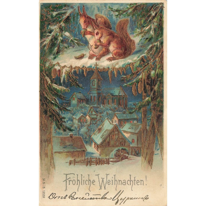 n°30665 - Carte Gaufrée - Fröhliche Weihnachten - MSIB 13559 - Ecureuils et village enneigé