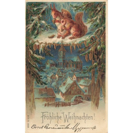 n°30665 - Carte Gaufrée - Fröhliche Weihnachten - MSIB 13559 - Ecureuils et village enneigé
