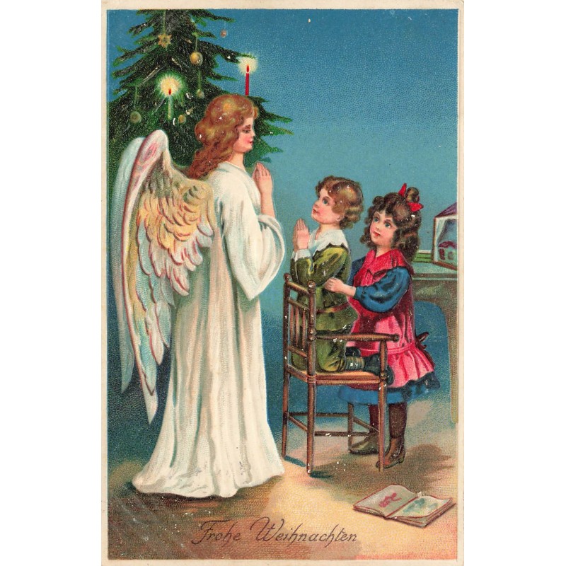 n°30666 - Carte Gaufrée - Frohe Weihnachten - Ange Gardien et enfants en prière devant le Sapin de Noël (1912)
