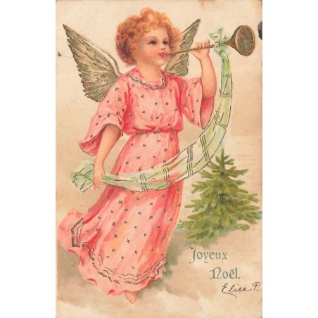 n°30667 -  Carte Gaufrée - Joyeux Noël - Ange à la trompette et sapin de Noël - 1902