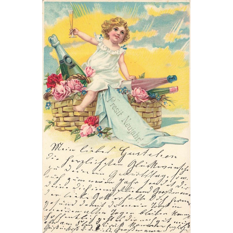 n°30668 - Prosit Neujahr - Fillette au Champagne - Oblitérée 1908