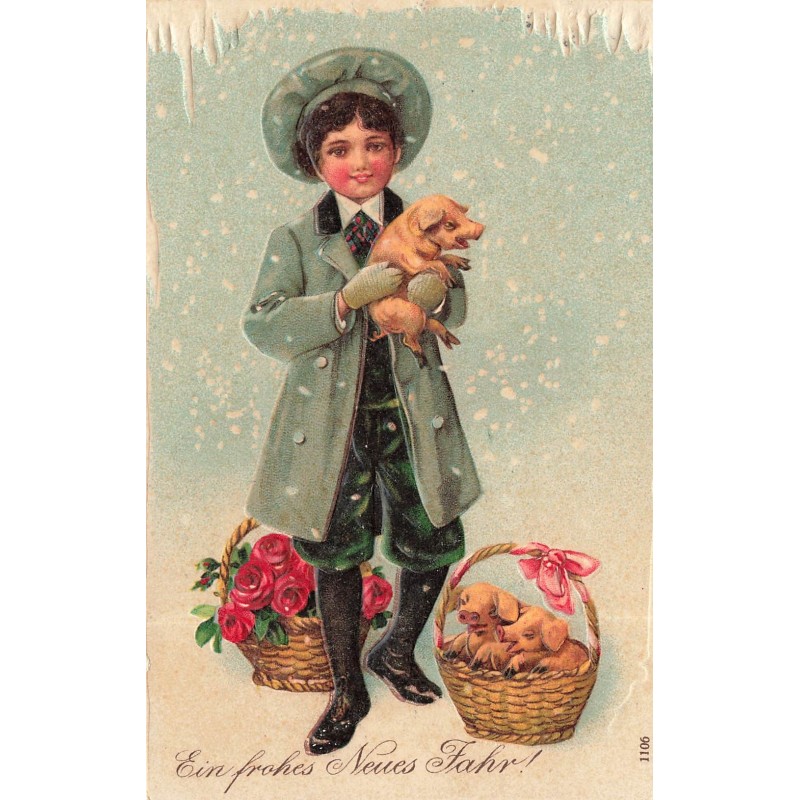 n°30670 -  Carte Gaufrée - Ein frohes Neues Jahr ! - Garçonnet, Cochons porte-bonheur et Roses