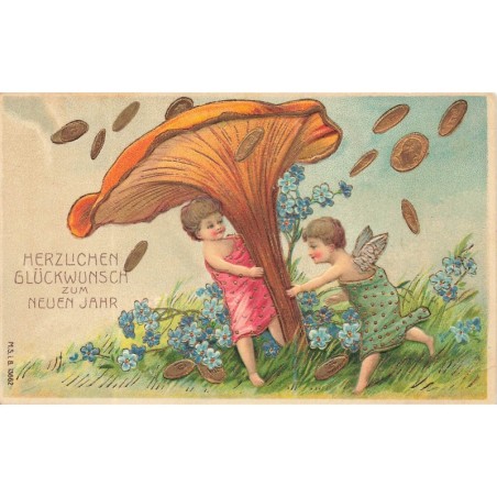 n°30672 - Carte Gaufrée - Nouvel An - MSIB 13662 - Anges, Champignon et pièces de Monnaie -1907